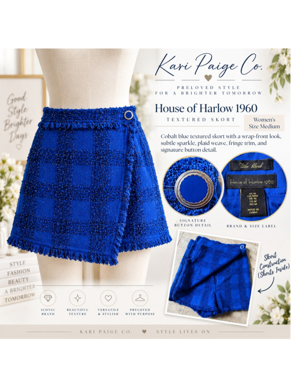 Women's House of Harlow 1960 Cobalt Blue Plaid Textured Skort Size M
